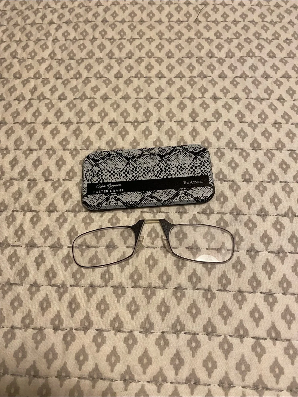 Foster Grant Silver Rectangle Reading Glasses with Snake-Print Case 1.25 readers